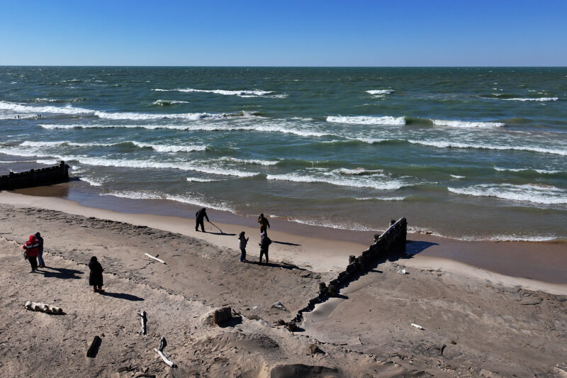 Waves roll ashore along Lake Michigan in Whiting, Indiana.