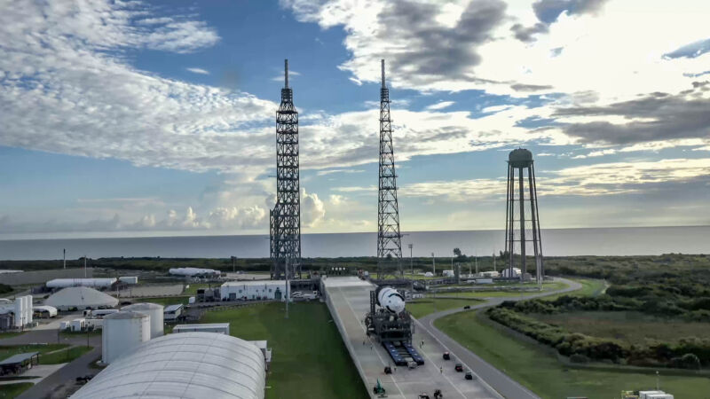 The second stage of the New Glenn rocket rolls to the launch pad on Tuesday.