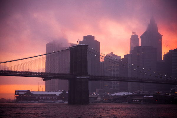 Brooklyn Bridge at Sunset, During Snowstorm