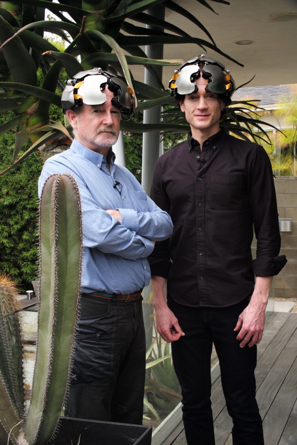 Columbia University neuroscientist Rafael Yuste (left) with Kernel founder Bryan Johnson (right) wearing brain-computer-interface caps