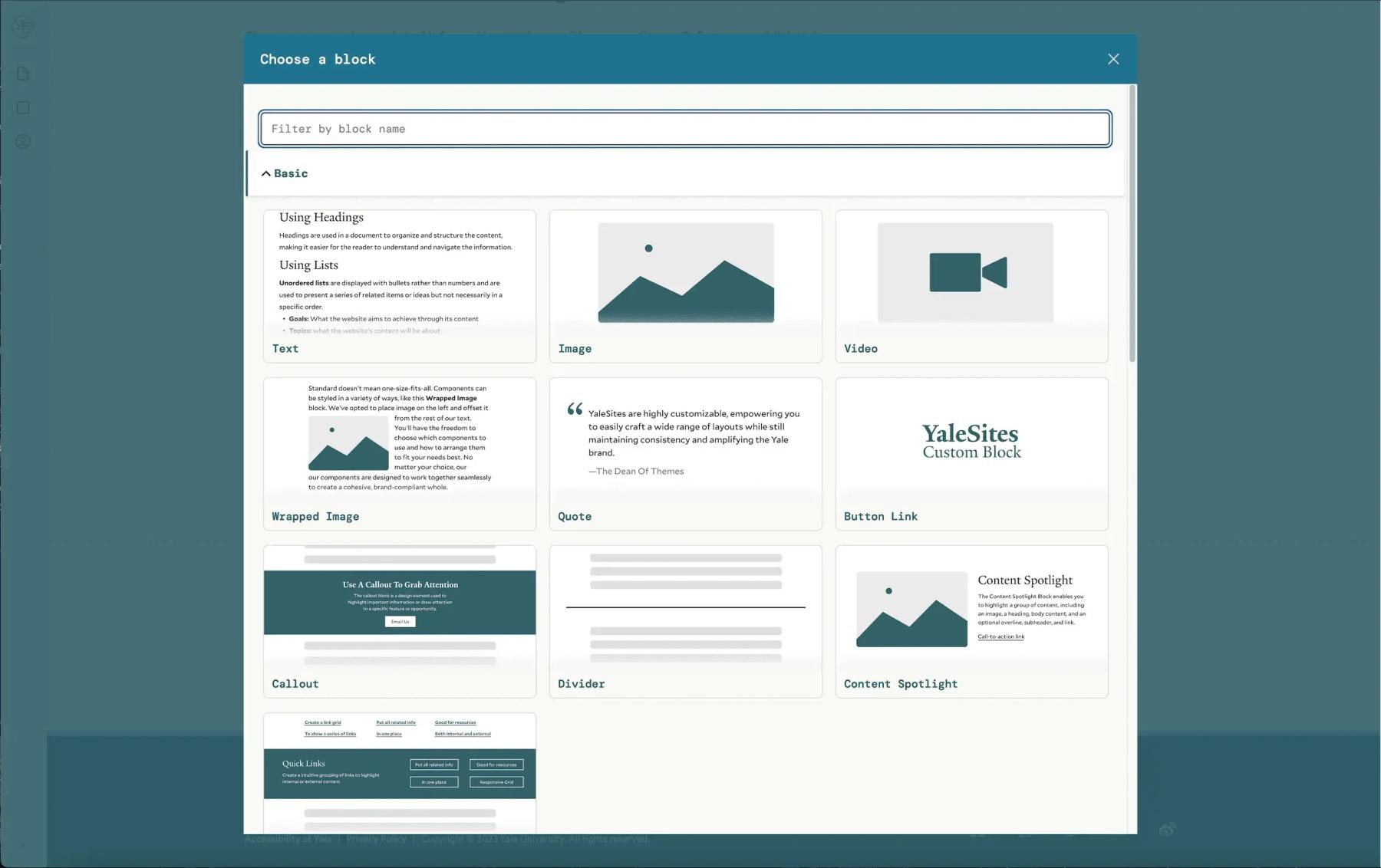 Adding blocks in the YaleSites administrative interface.